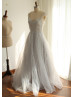 Light Grey Satin Organza Heart Cut Back Prom Dress